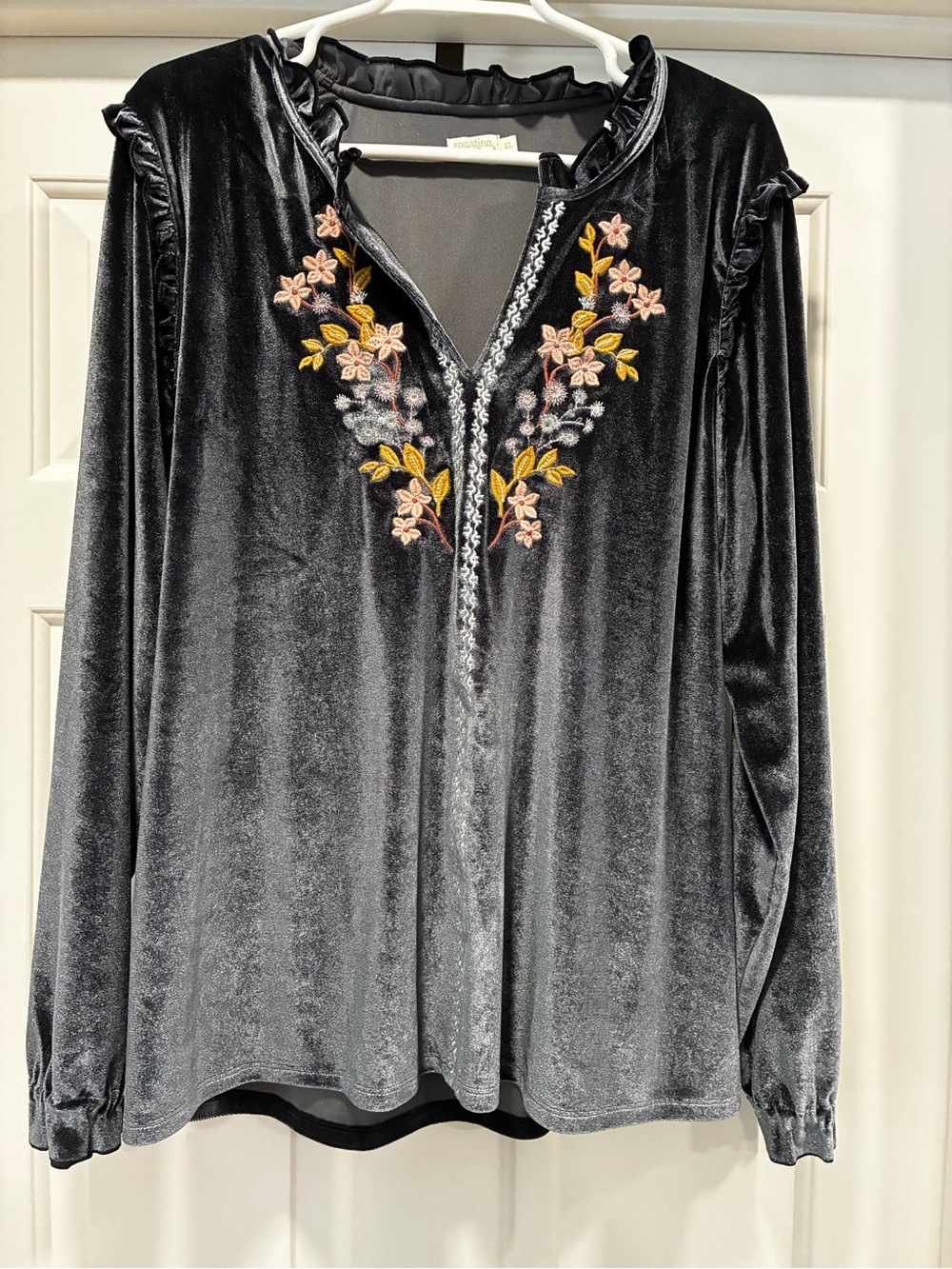 Spartina 449 Blue Velvet Long-Sleeve Top with Pink & Gold Embroidery
